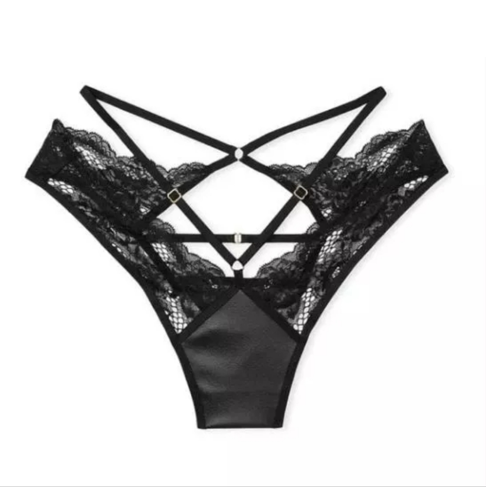 Victoria's Secret Black Faux Leather Fishnet Floral Open Back Brazilian Panty